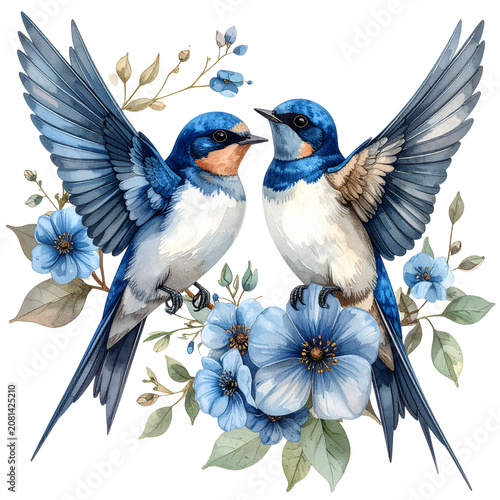 Two Blue Swallows with Blue Flowers Illustration.