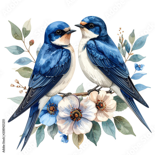 Two Blue Birds Sitting on Floral Branch Illustration.