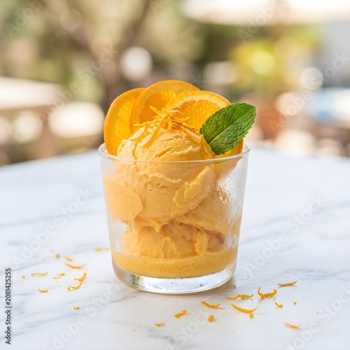 Fresh Orange Ice Cream in Glass Cup with Orange Slices and Mint Leaves on Marble Table, Refreshing Summer Dessert with Copy Space. 