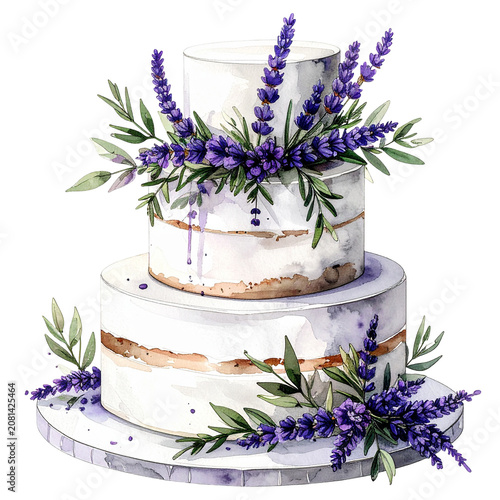 Two tier white wedding cake with lavender flowers 1.