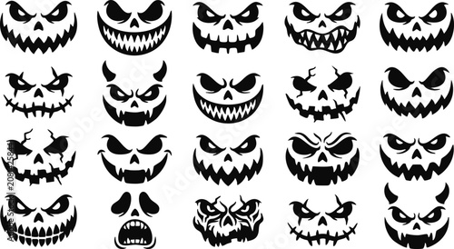 Photos Twenty black and white jack o lantern faces with scary and spooky expressions on