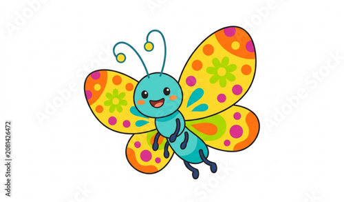 Happy Smiling Butterfly Character Flat Vector Illustration on White Background