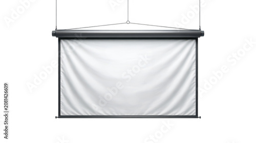 A hanging white fabric projection screen with folds, suspended from a dark metal casing, isolated on a black background, for media display