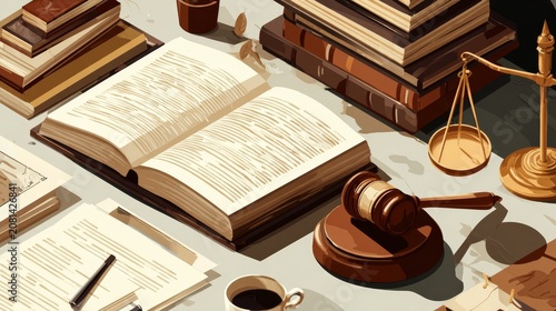 Clean isometric illustration of a modern legal firm setting, featuring open law books, wooden gavel, balanced scales, and paperwork