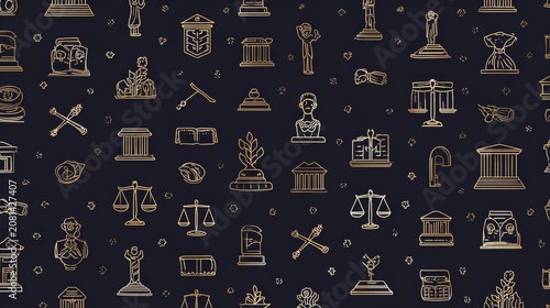 Elegant gold foil style icon pattern for legal industry, featuring minimalist line art icons of justice in repeated tile format