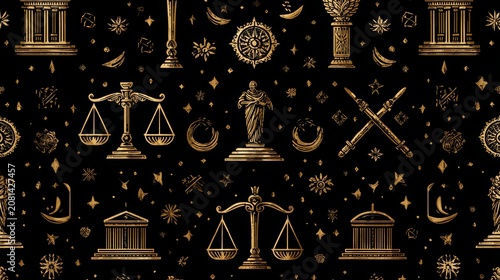 Royal style seamless pattern of golden law-themed icons arranged symmetrically on black background, ideal for legal branding or backgrounds