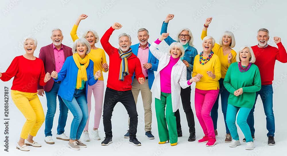 Obraz premium Large group of happy senior friends dancing in colorful bright clothes