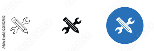 Photos Tool Icons featuring pencil and wrench symbols for settings, editing, maintenance, repair, customization, construction, engineering, creative projects, and vector illustration