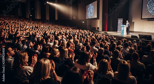 Large audience clapping hands for speaker at tech conference