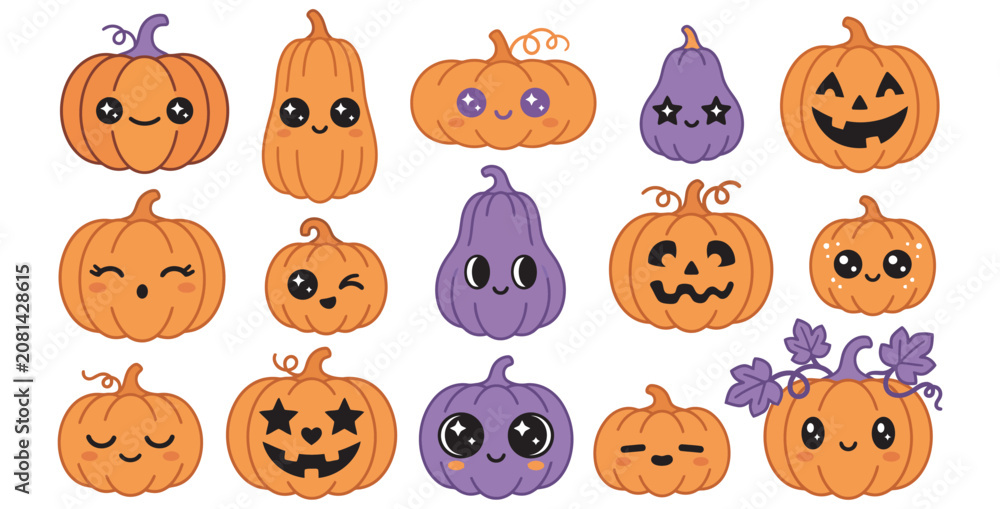 Obraz premium Collection of cute kawaii Halloween pumpkins with expressive faces and playful designs on transparent background