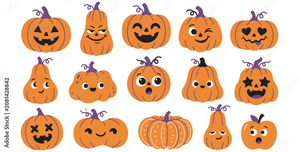 Obraz premium Collection of diverse expressive cartoon pumpkins with various funny and spooky faces on transparent background
