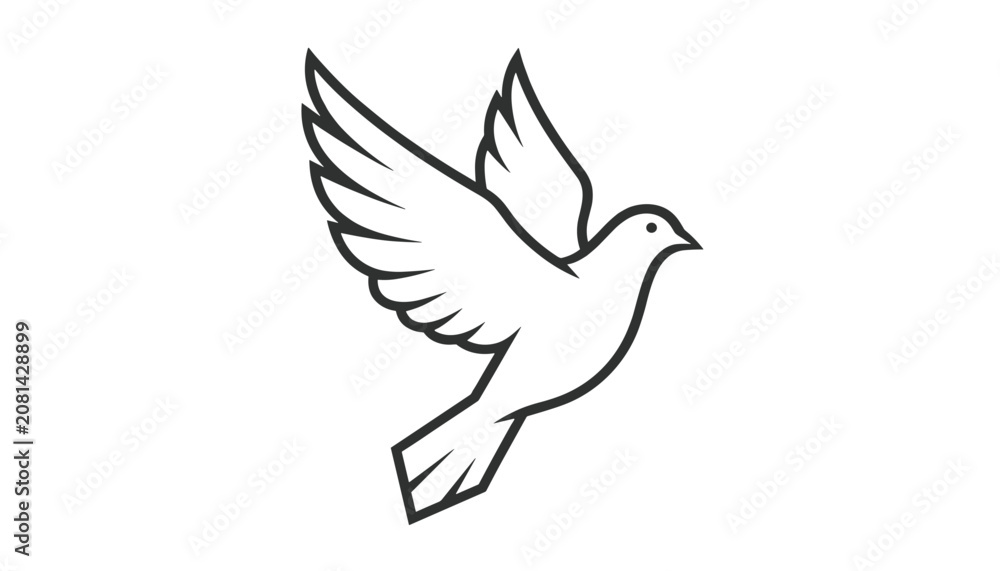Fototapeta premium Simple black outline illustration of a flying dove of peace symbolizing freedom on a white background.