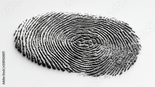 Isolated fingerprint with visible ridge detail and spiral pattern, digitally enhanced for clarity on clean surface