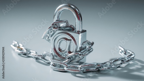 High-resolution 3D illustration of a chrome padlock with detailed chain links wrapped securely around a raised copyright sign, casting soft shadows