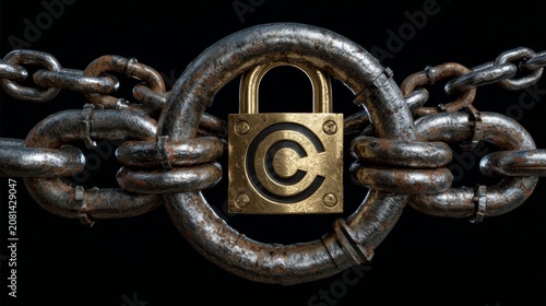 Symbolic composition showing a copyright logo enclosed with steel chains and a brass padlock in the center, digitally rendered with photorealistic lighting