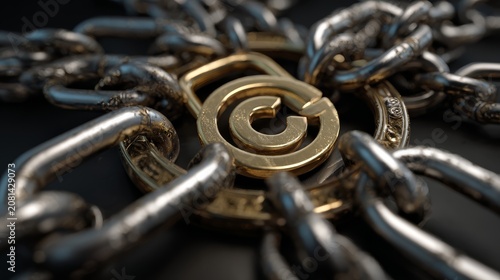 Symbolic composition showing a copyright logo enclosed with steel chains and a brass padlock in the center, digitally rendered with photorealistic lighting