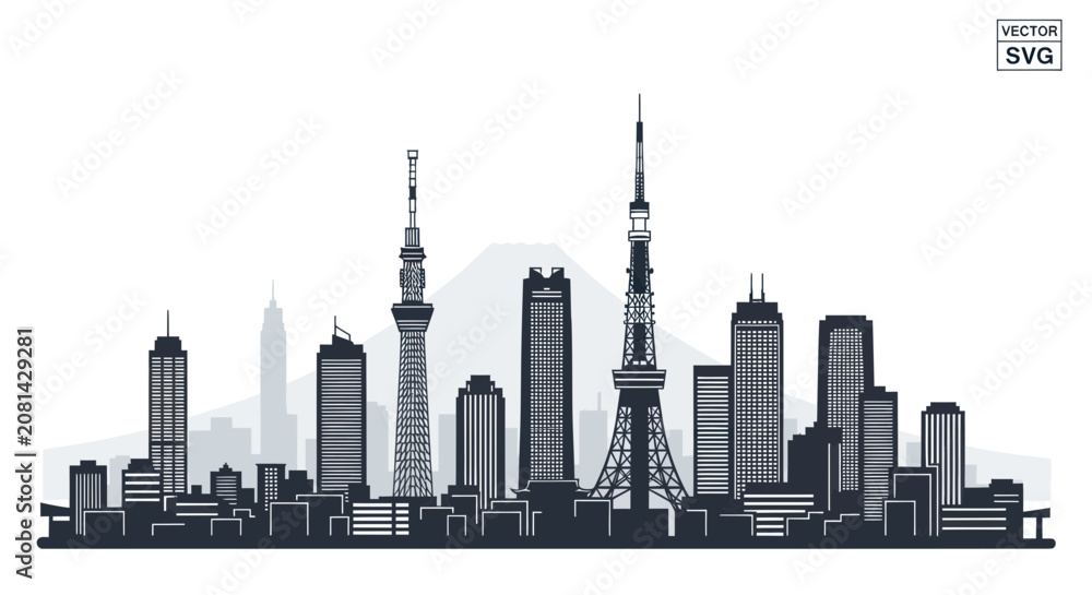 Fototapeta premium Tokyo city skyline panorama with landmarks and mount fuji silhouette