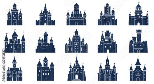 Tableau sur toile Medieval castle icons featuring diverse towers and battlements