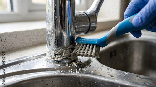 Close-up of a Person Wearing a Blue Glove Using a Scrub Brush to Clean Heavy Limescale and Calcium Buildup from a Chrome Kitchen Sink Faucet, Professional Deep Cleaning and Home Maintenance Service