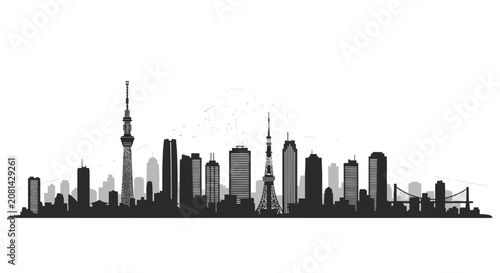 Tokyo city skyline silhouette with landmarks and mountain backdrop