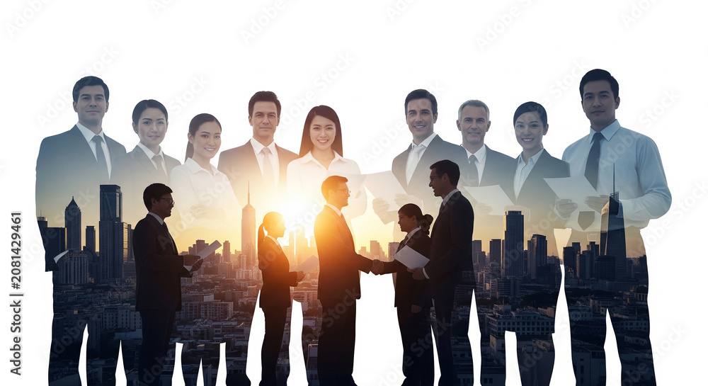 Obraz premium Double exposure of a business group silhouette and a cityscape, representing corporate presence in an urban environment