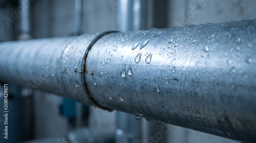Detailed close-up of a cold galvanized metal pipe covered in condensation water droplets in an industrial basement. Blue-toned steel piping with moisture buildup for plumbing and HVAC systems.