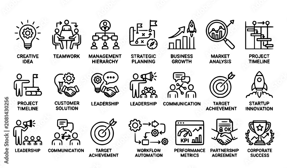 Obraz premium Modern Business Innovation and Team Management Line Icons for Corporate Strategy and Growth