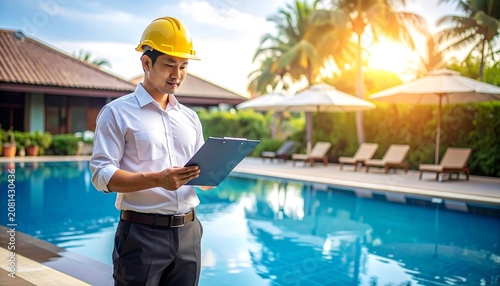 A man in a yellow hard hat holds a clipboard by a serene pool with lounge chairs and umbrellas