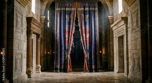 Inside the Jerusalem Temple, the sacred curtain is torn into two separate halves.