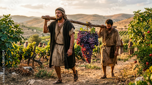 Two Israelites carry one huge cluster of grapes.