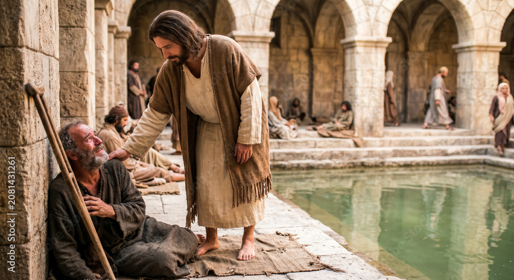 Obraz premium Jesus speaking with a sick man beside a pool of Bethesda.