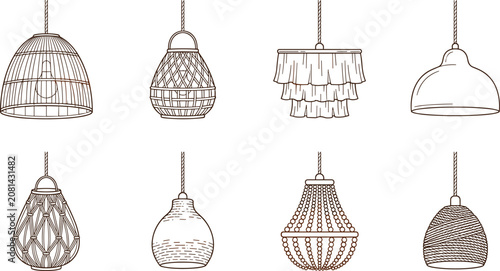 Foto Vector outline icon set of bohemian pendant lights and rattan chandeliers featur