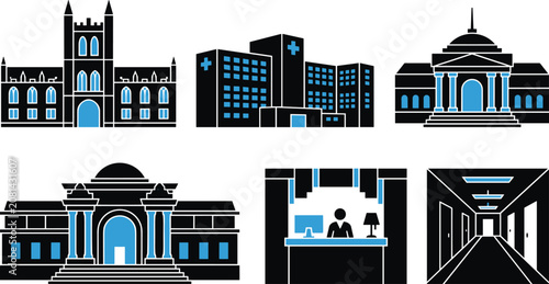 Foto Vector silhouette icon set of public municipal buildings and institution facades