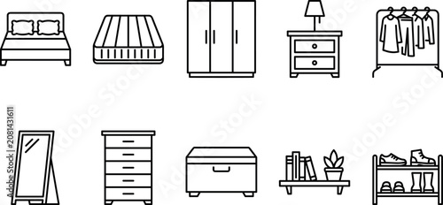 Foto Vector outline icon set of bedroom furniture and home storage featuring bed matt
