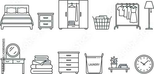 Foto Vector outline icon set of bedroom furniture and closet storage featuring double