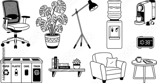 Foto Vector outline icon set of office breakroom furniture and workplace amenities fe