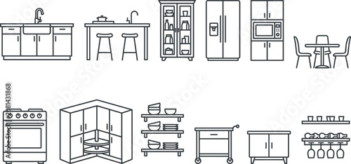 Fotografía Vector outline icon set of kitchen furniture and cabinetry featuring sink island