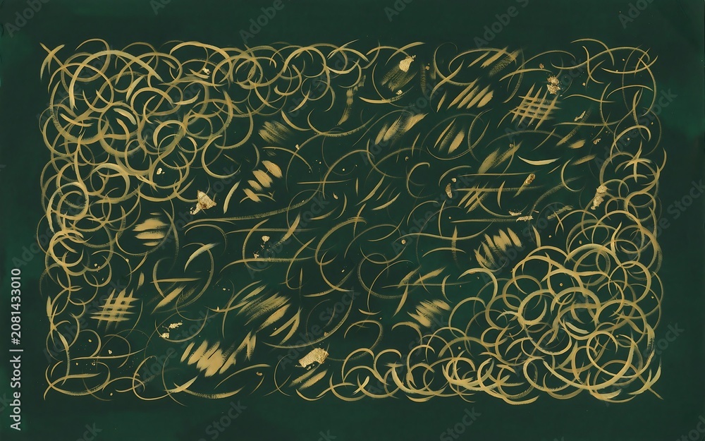 Naklejka premium Dense pattern of gold calligraphy scribbles on a dark green background