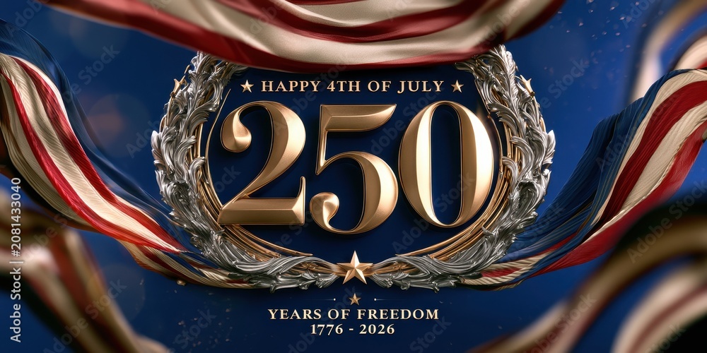 Obraz premium 250th anniversary of the united states, 17762026, happy 4th of july celebration with golden numbers, ornate frame, and flowing american flag fabric