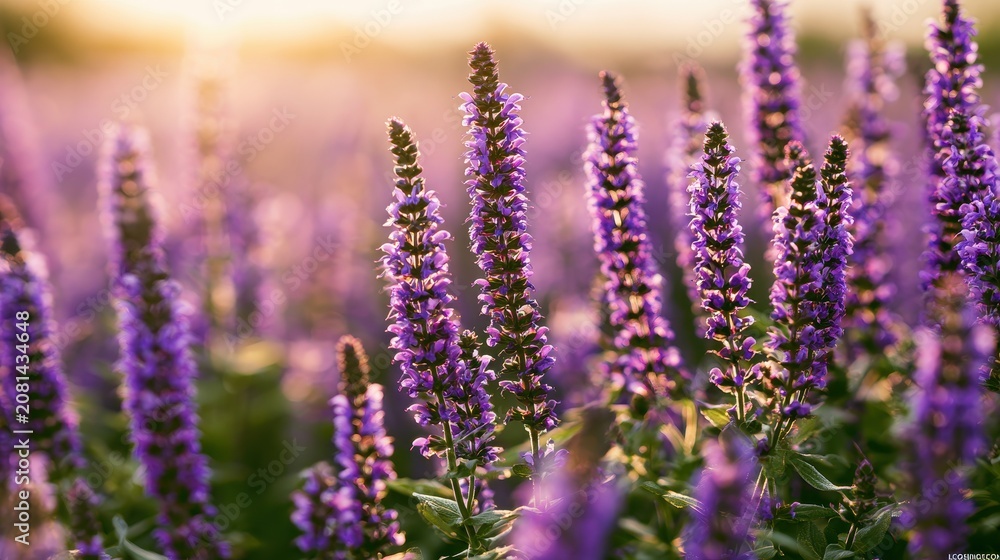Fototapeta premium Stunning purple sage flowers in a field during golden hour, soft sunset light, vibrant floral meadow, beautiful summer nature background