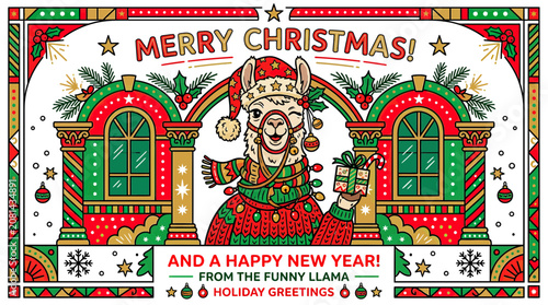 Konstfotografi Funny Llama Wearing Santa Hat.