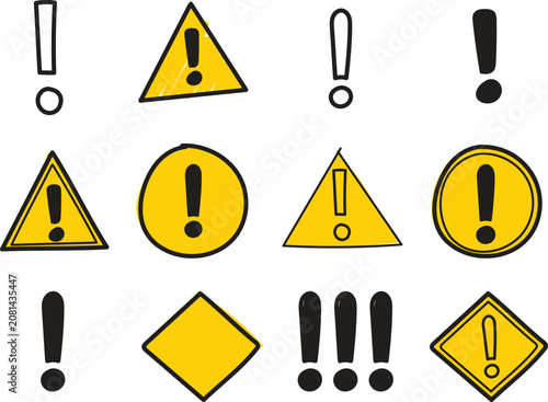 Warning caution sign icon set. danger Exclamation mark signs. hand drawn exclamatory symbol