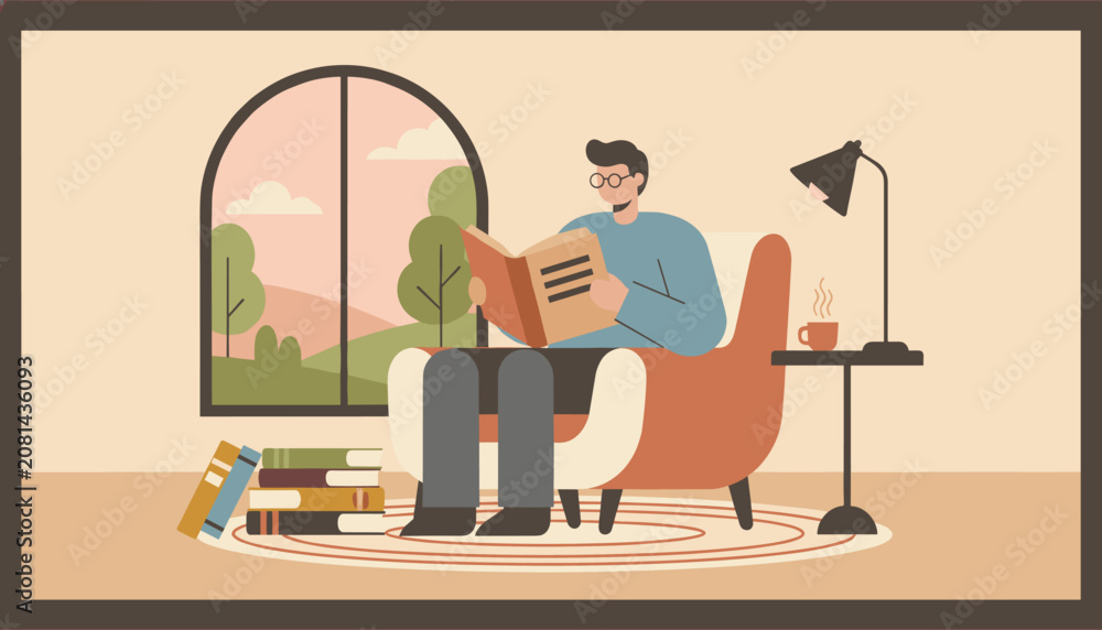 Fototapeta premium Man wearing glasses sitting in a comfortable armchair and reading a book in his cozy living room at sunset.