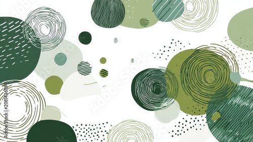 37.Trendy abstract vector circles featuring playful doodle elements, minimal line art, matcha green tones, modern flat illustration style, clean and versatile backgrounds for icon templates