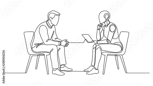 Continuous line drawing of a human having a conversation with a robot