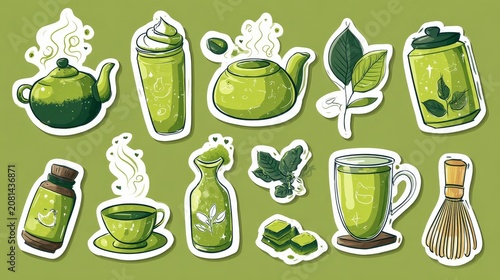 71.Concept = Matcha green tea sticker set in cartoon groovy style. Trendy organic delicious beverage. Matcha latte, whisk, kettle, powder, leaves. Bright matcha lovers retro icons collection