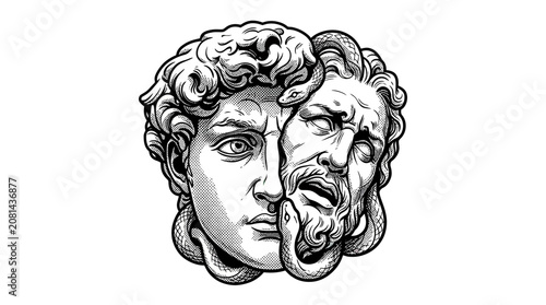 Bild auf Leinwand Surreal Dual Face Sculpture with Snakes, Ancient Greek Art Style