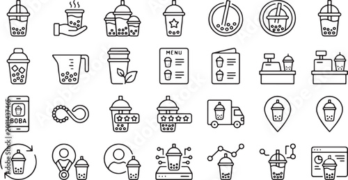 Fotografie Bubble tea shop, boba cafe business, and ordering app line icons set