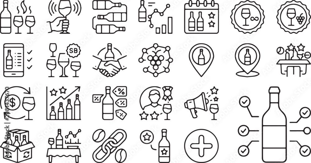 Fototapeta premium Comprehensive Wine Business & Marketing Line Icons Set