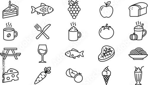 Obraz na plátně Food and beverage line icons set culinary delights kitchen essentials and dietar